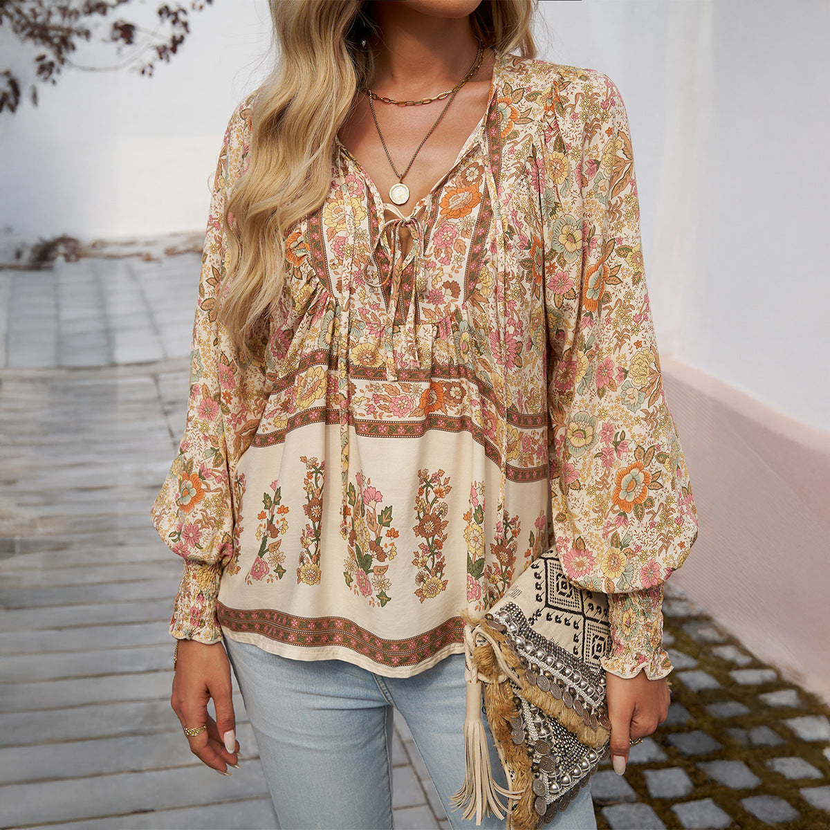 Helena - Women's Floral Tie Front Blouse - photo 5