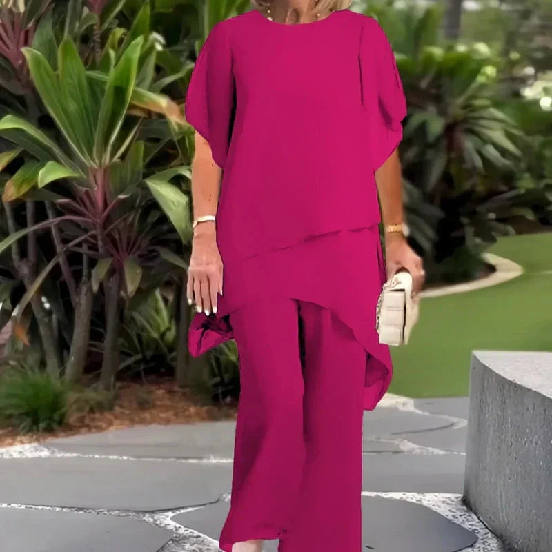 Herlene - Women's Asymmetric Top and Wide-Leg Trouser Set in Fuchsia