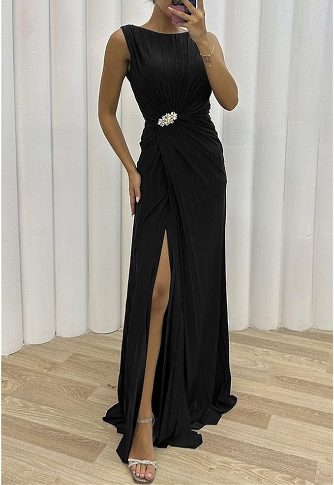 Deena - Women's Embellished Slit Evening Maxi Dress