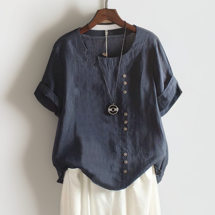 Mila - Women's Round Neck T-Shirt with Decorative Buttons | Plus Size Available