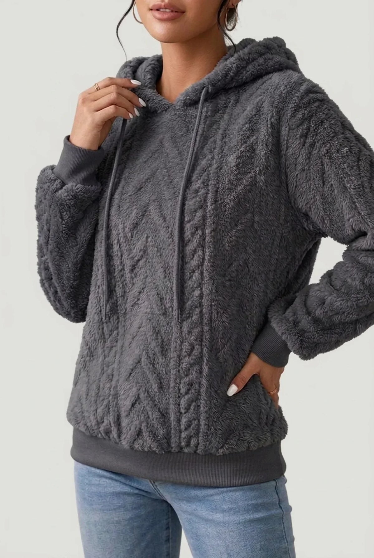Friedel - Women's Cable Knit Hoodie with Drawstring – Grey
