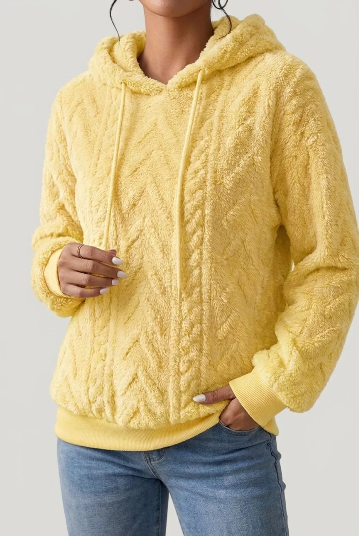 Friedel - Women's Cable Knit Hoodie with Drawstring – Yellow