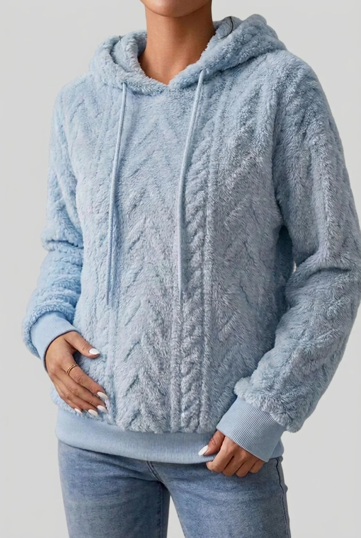 Friedel - Women's Cable Knit Hoodie with Drawstring – Light Blue