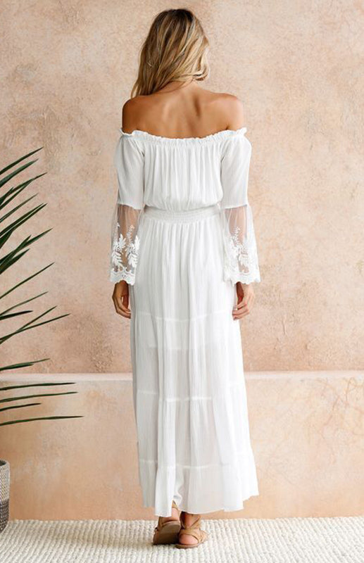 Adelaide - Women's Off-Shoulder Maxi Dress with Lace Sleeves and Tiered Skirt - photo 3