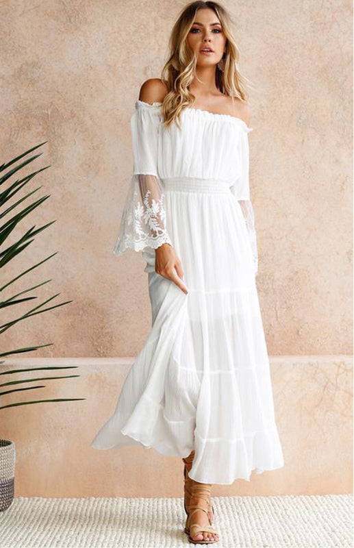 Adelaide - Women's Off-Shoulder Maxi Dress with Lace Sleeves and Tiered Skirt - photo 1