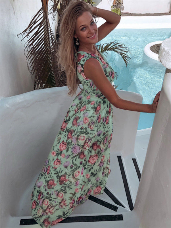 Greta - Women's Floral Print Maxi Dress with High Slit and Sleeveless Design