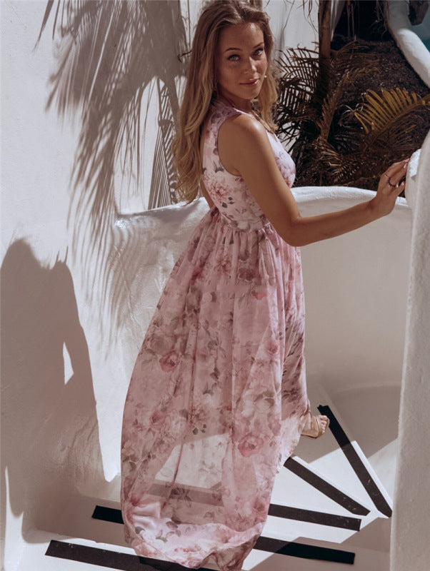 Greta - Women's Floral Print Maxi Dress with High Slit and Sleeveless Design