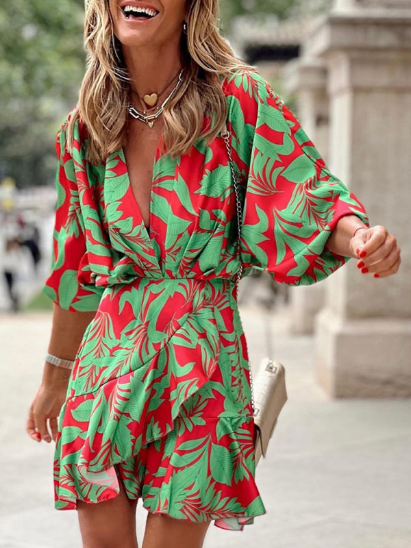 Elena - Women's Tropical Print Mini Dress with Deep V-Neck and Puff Sleeves