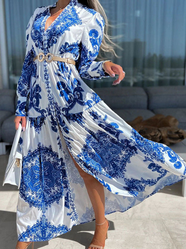 Ophelia - Women's Paisley Print Maxi Dress with Button-Down Front and High Slit
