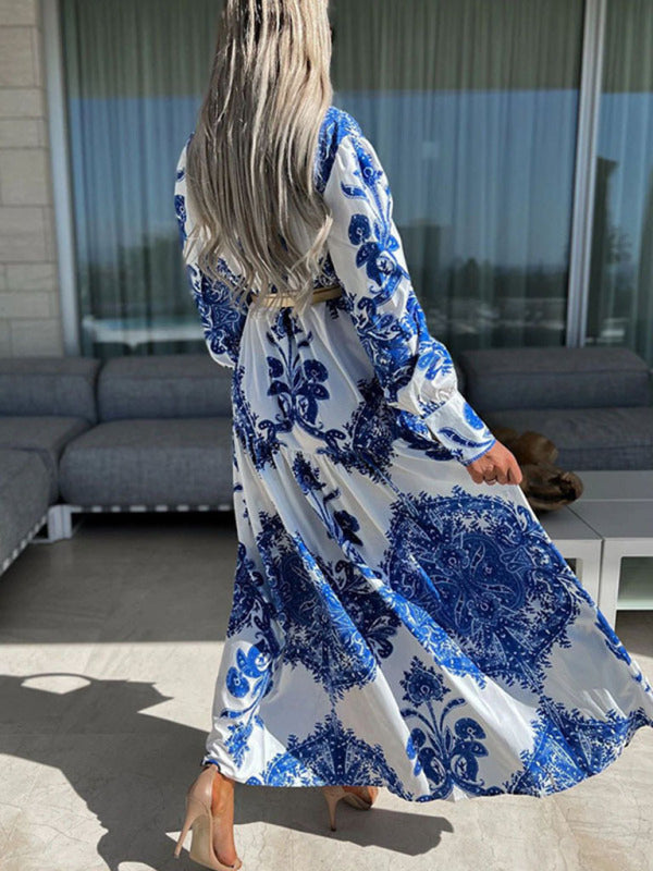 Ophelia - Women's Paisley Print Maxi Dress with Button-Down Front and High Slit