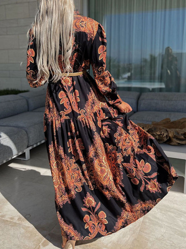 Ophelia - Women's Paisley Print Maxi Dress with Button-Down Front and High Slit