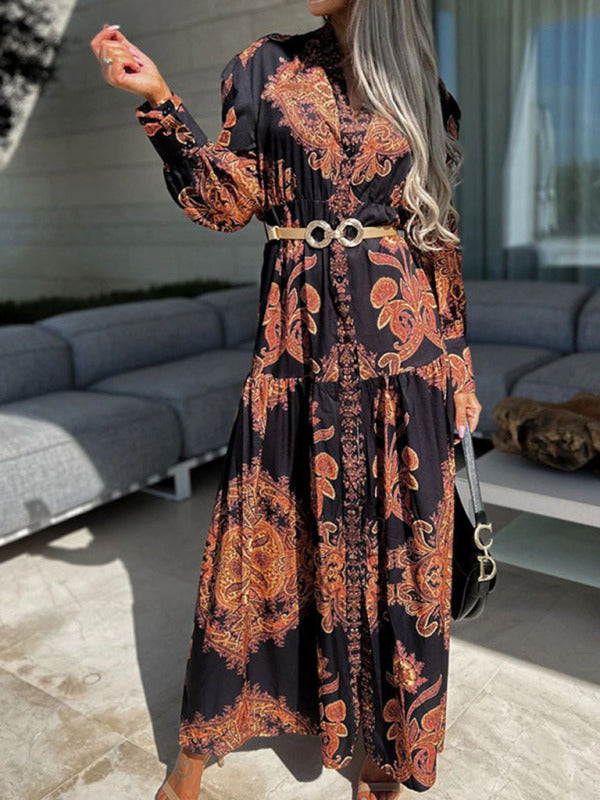 Ophelia - Women's Paisley Print Maxi Dress with Button-Down Front and High Slit