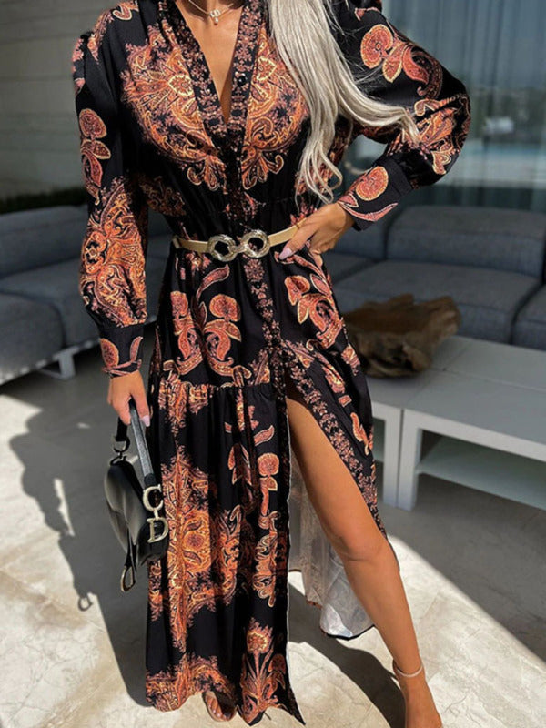 Ophelia - Women's Paisley Print Maxi Dress with Button-Down Front and High Slit