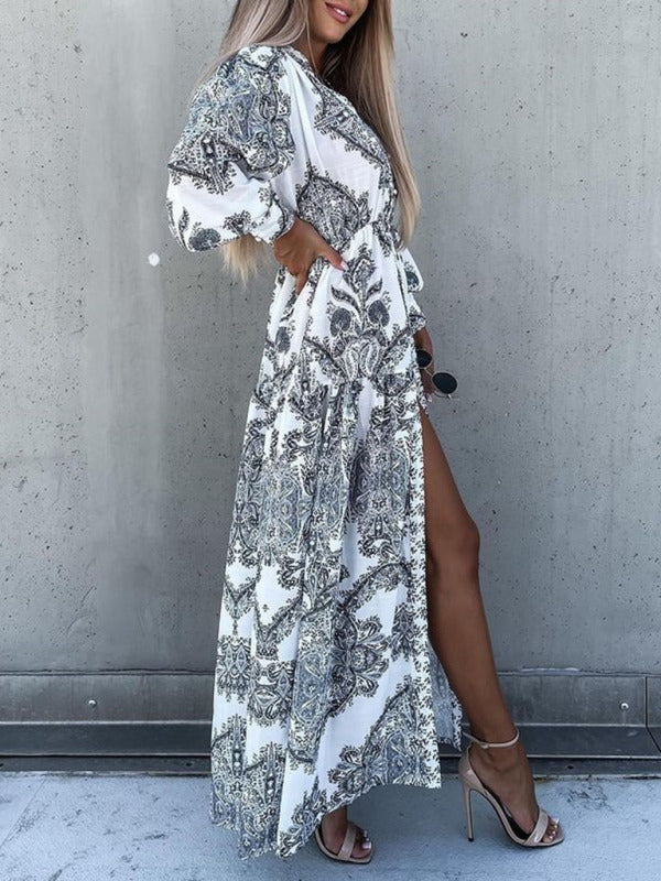 Ophelia - Women's Paisley Print Maxi Dress with Button-Down Front and High Slit