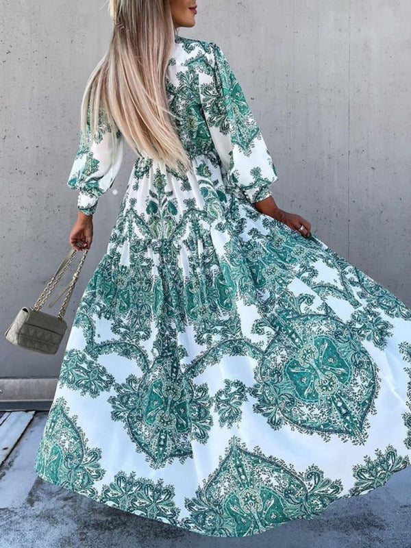 Ophelia - Women's Paisley Print Maxi Dress with Button-Down Front and High Slit