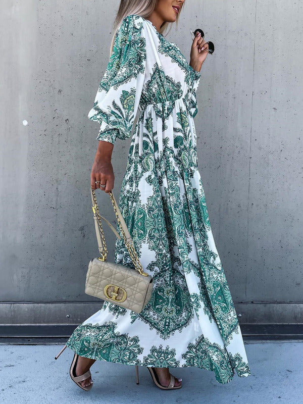 Ophelia - Women's Paisley Print Maxi Dress with Button-Down Front and High Slit