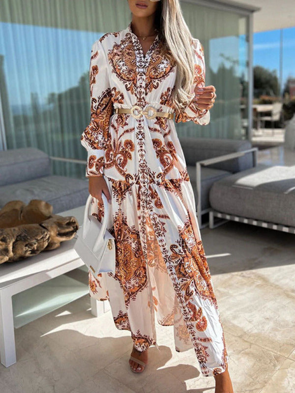 Ophelia - Women's Paisley Print Maxi Dress with Button-Down Front and High Slit