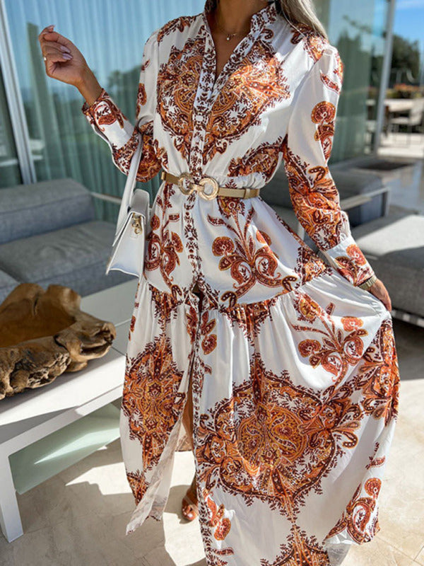 Ophelia - Women's Paisley Print Maxi Dress with Button-Down Front and High Slit