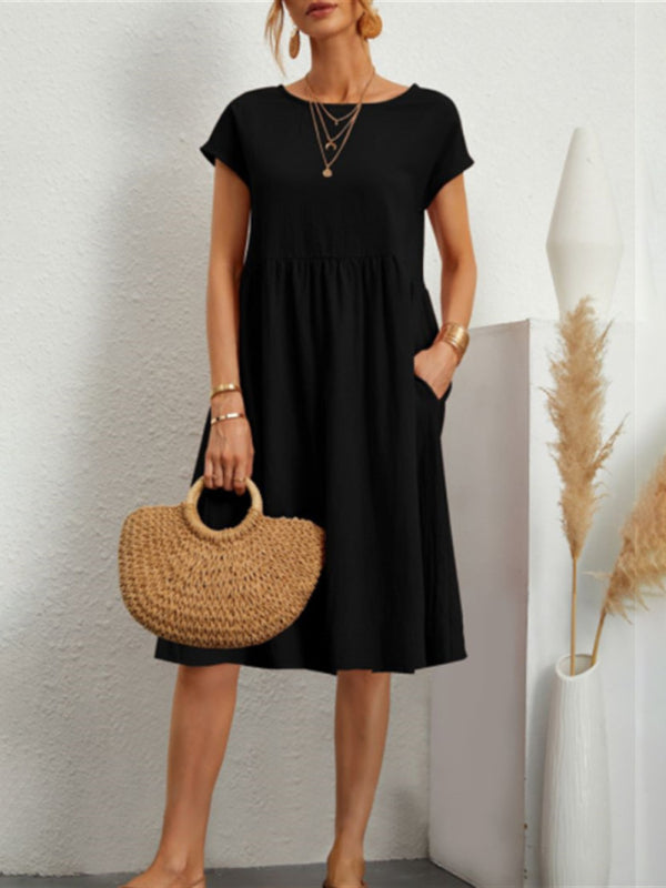 Celia - Women's Solid Print A-Line Dress with Round Neck and Short Sleeves