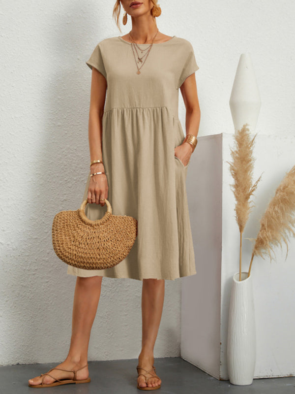 Celia - Women's Solid Print A-Line Dress with Round Neck and Short Sleeves - photo 1