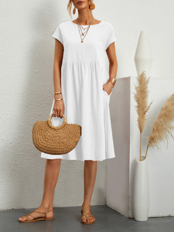 Celia - Women's Solid Print A-Line Dress with Round Neck and Short Sleeves - photo 4