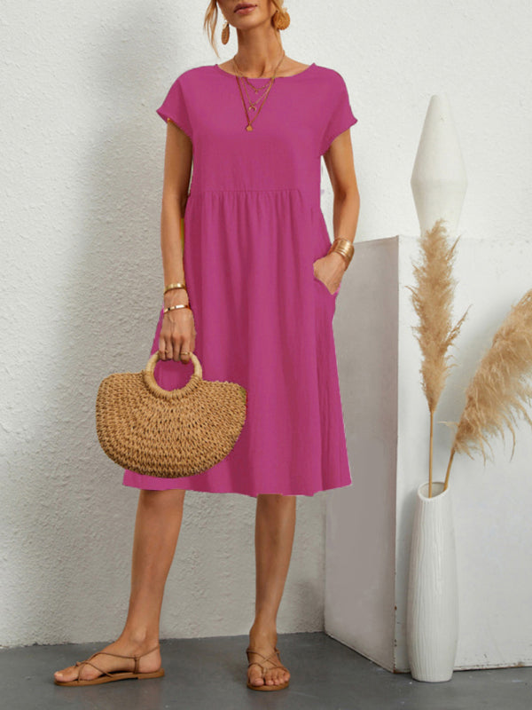 Celia - Women's Solid Print A-Line Dress with Round Neck and Short Sleeves