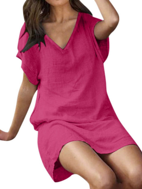 Nellie - Women's V-Neck Dress with Short Sleeves and Loose Fit (Plus Size Available)