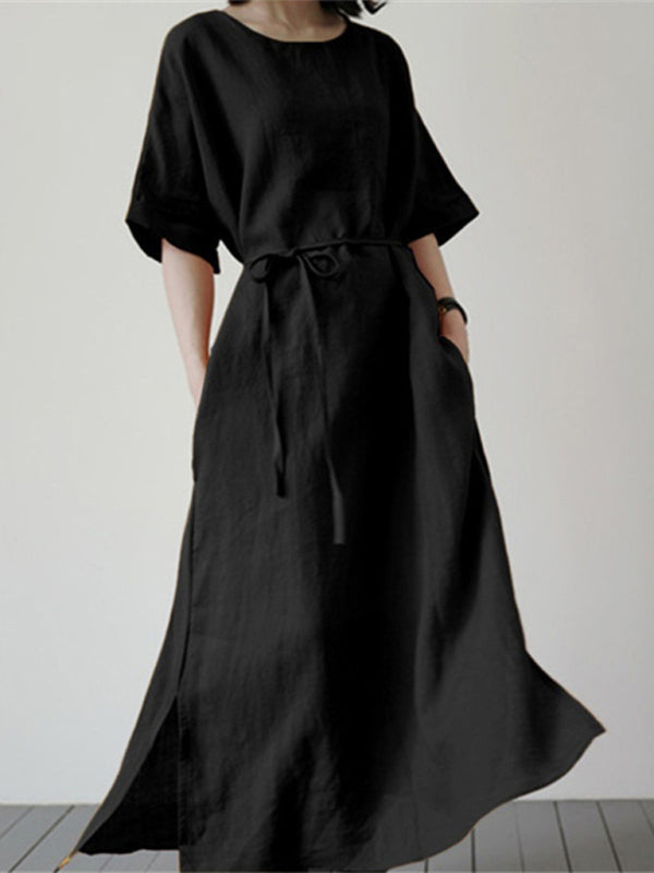 Nell - Women's Loose Dress with Belt and Side Slit (Plus Size Available) - photo 1