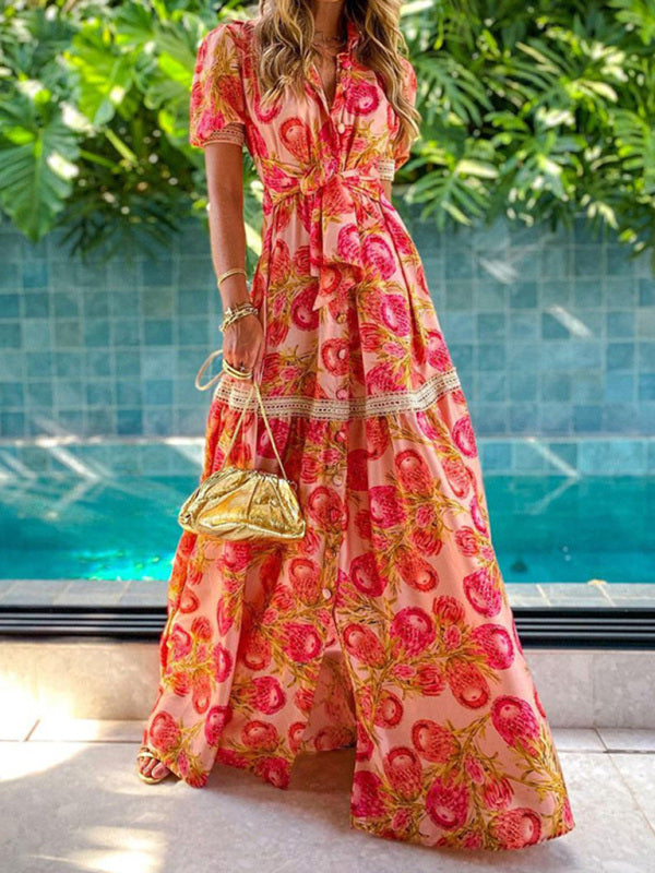 Ella - Women's Bohemian Maxi Dress with Floral Print and Puff Sleeves