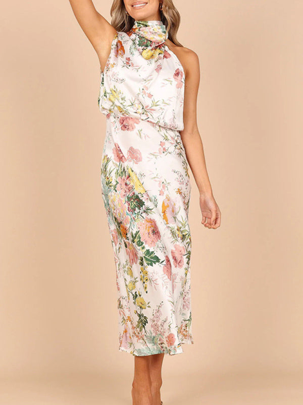 Pauline - Women's Halter Neck Midi Dress with Floral Print