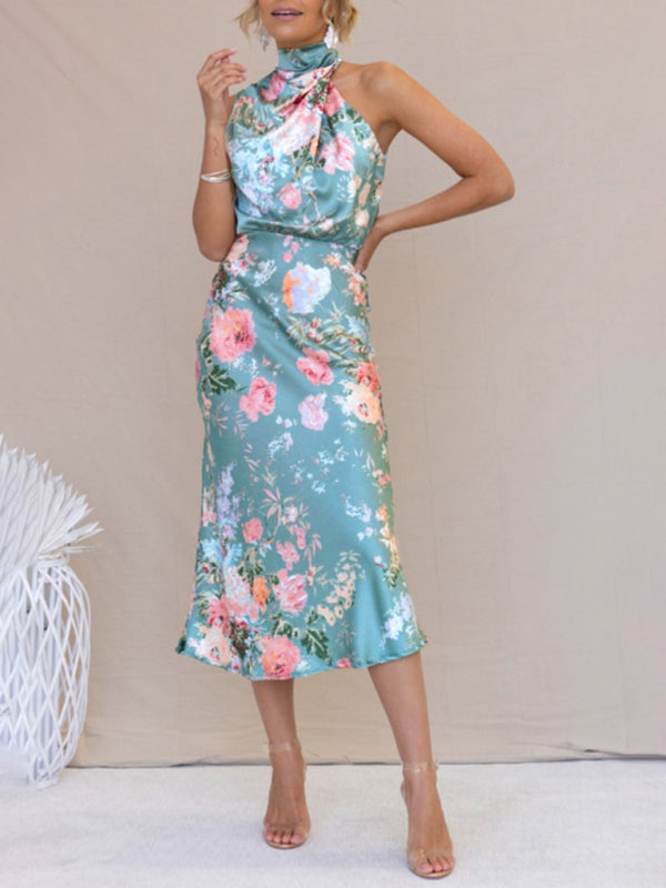 Pauline - Women's Halter Neck Midi Dress with Floral Print