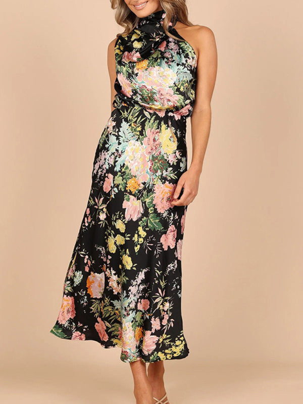 Pauline - Women's Halter Neck Midi Dress with Floral Print