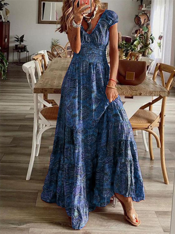 Kiara - Women's Bohemian Maxi Dress with Paisley Print and Smocked Waist