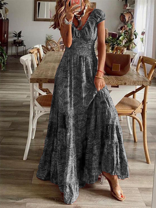Kiara - Women's Bohemian Maxi Dress with Paisley Print and Smocked Waist