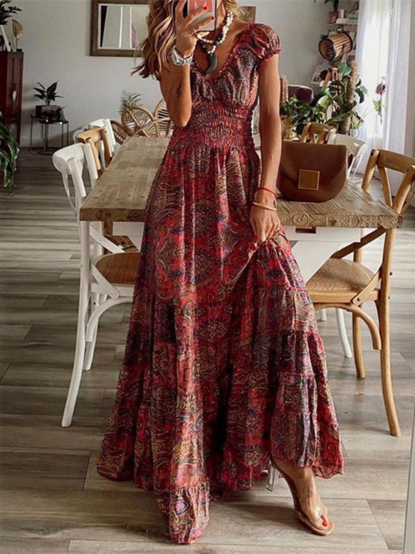 Kiara - Women's Bohemian Maxi Dress with Paisley Print and Smocked Waist
