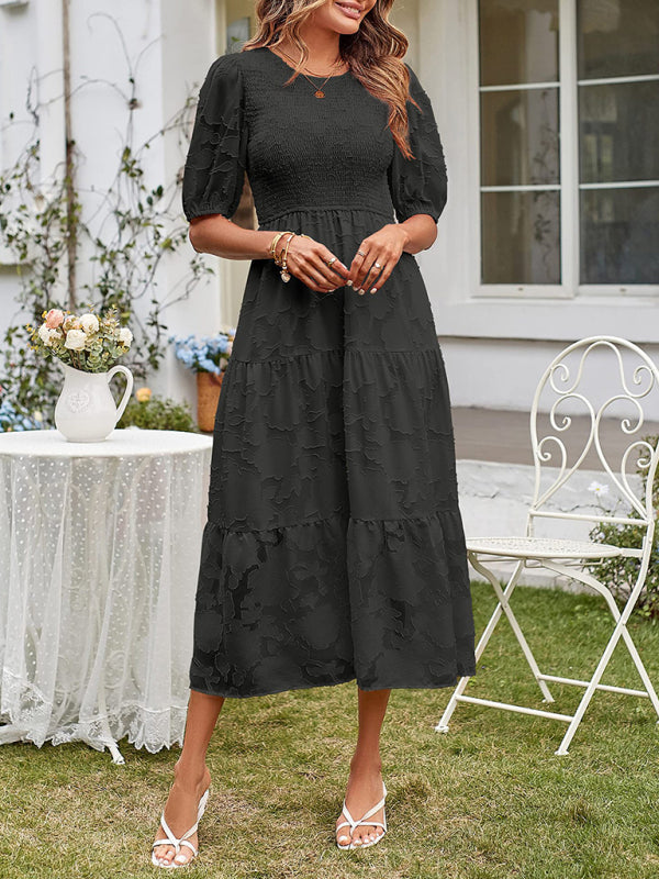 Elly - Women's Smocked Bodice Midi Dress with Puff Sleeves and Tiered Skirt - photo 3