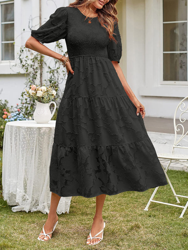 Elly - Women's Smocked Bodice Midi Dress with Puff Sleeves and Tiered Skirt - photo 1
