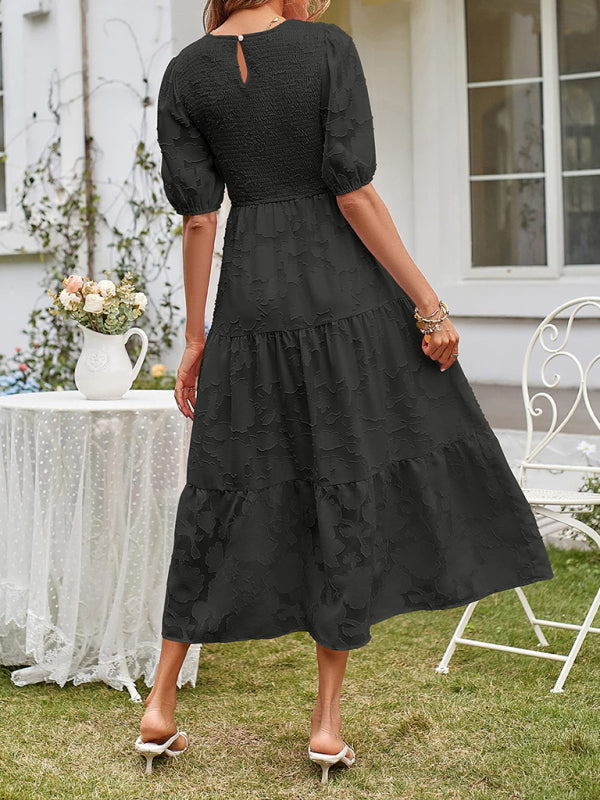 Elly - Women's Smocked Bodice Midi Dress with Puff Sleeves and Tiered Skirt