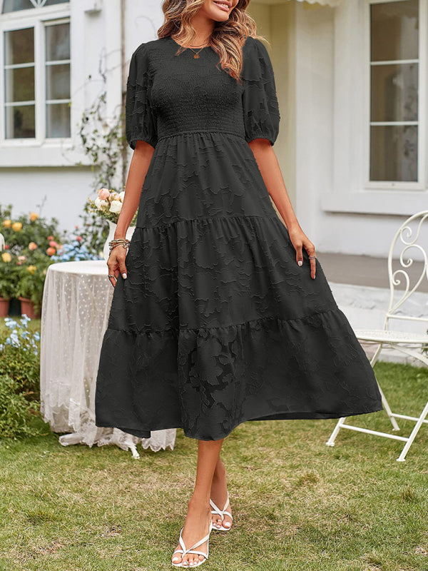 Elly - Women's Smocked Bodice Midi Dress with Puff Sleeves and Tiered Skirt