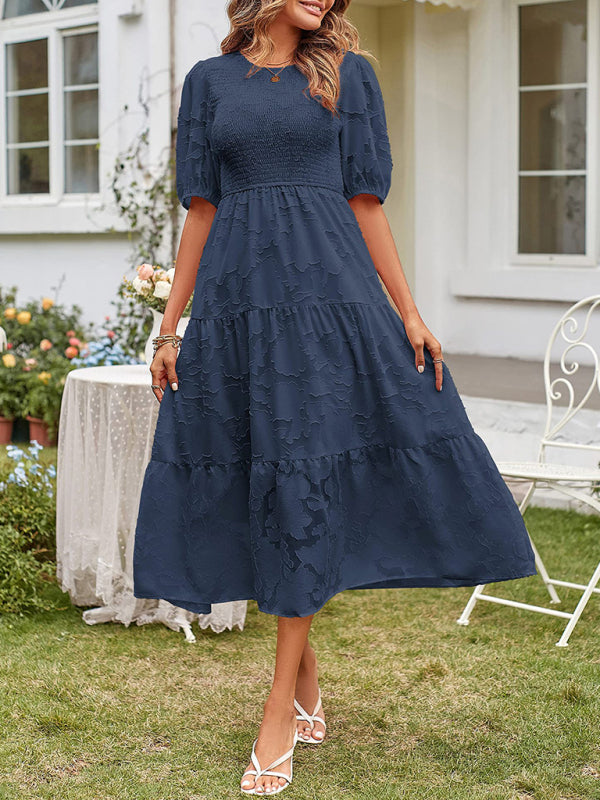 Elly - Women's Smocked Bodice Midi Dress with Puff Sleeves and Tiered Skirt - photo 9