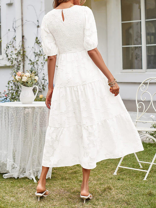 Elly - Women's Smocked Bodice Midi Dress with Puff Sleeves and Tiered Skirt - photo 6