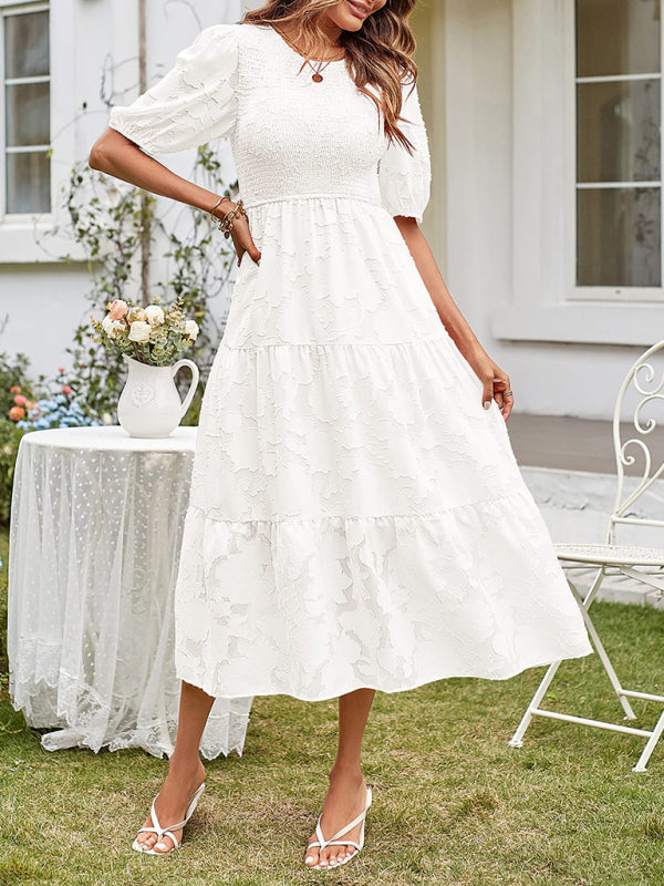 Elly - Women's Smocked Bodice Midi Dress with Puff Sleeves and Tiered Skirt