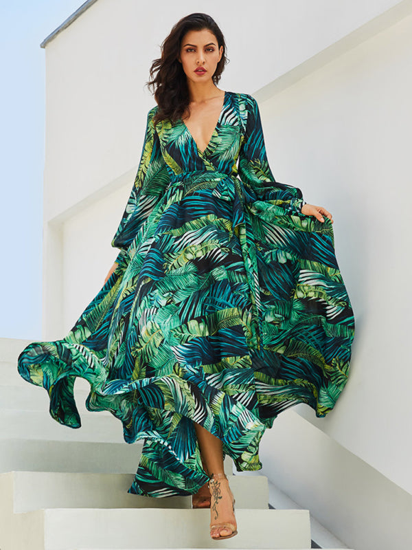 Carmen - Women's Tropical Leaf Print Maxi Dress with Lantern Sleeves - photo 1