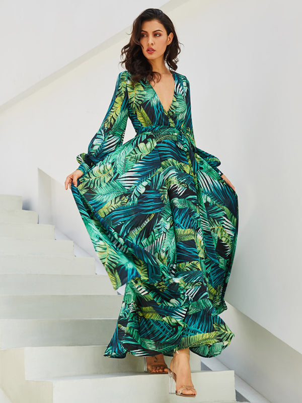 Carmen - Women's Tropical Leaf Print Maxi Dress with Lantern Sleeves