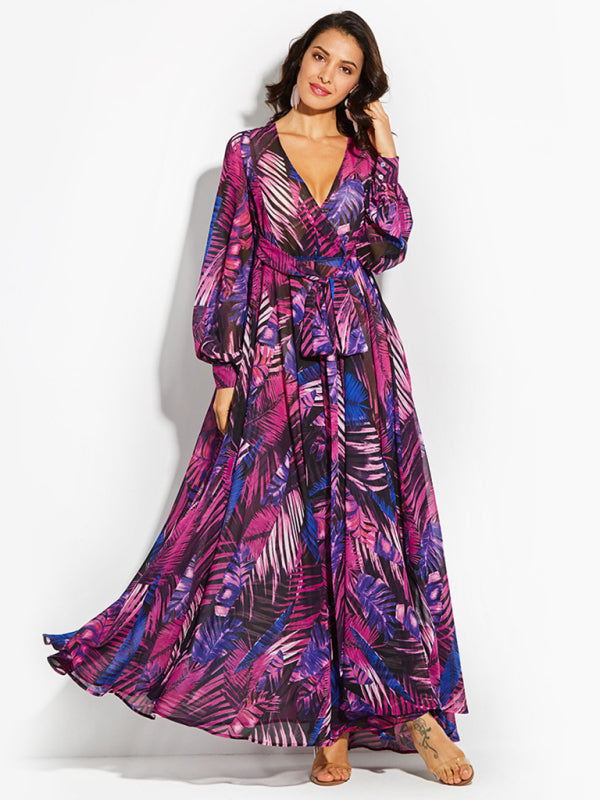 Carmen - Women's Tropical Leaf Print Maxi Dress with Lantern Sleeves - photo 3