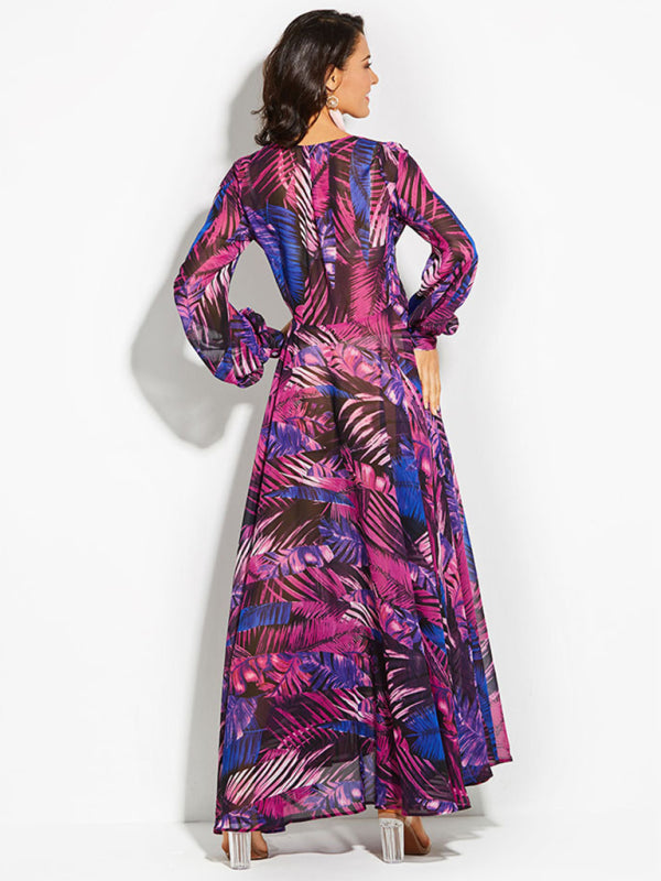 Carmen - Women's Tropical Leaf Print Maxi Dress with Lantern Sleeves