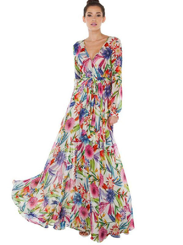 Carmen - Women's Tropical Leaf Print Maxi Dress with Lantern Sleeves - photo 7
