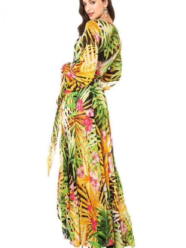 Carmen - Women's Tropical Leaf Print Maxi Dress with Lantern Sleeves - photo 6