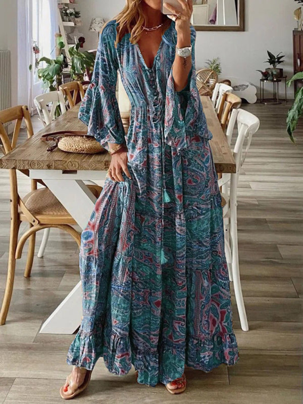 Abigail - Women's Bohemian Maxi Dress with Paisley Print and Trumpet Sleeves - photo 4
