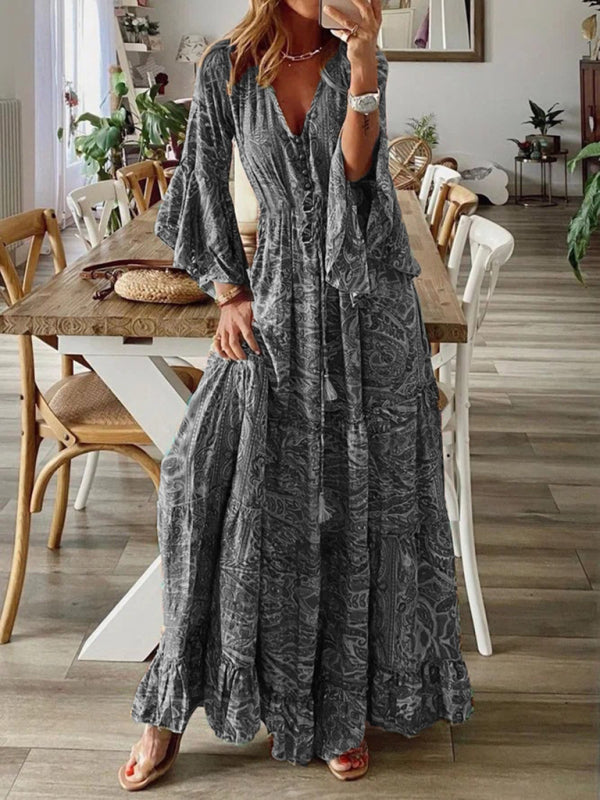 Abigail - Women's Bohemian Maxi Dress with Paisley Print and Trumpet Sleeves - photo 7